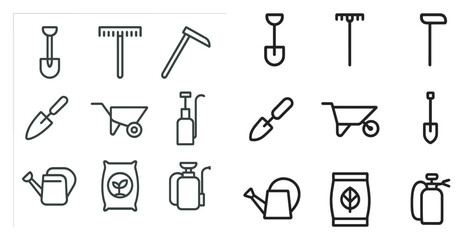 Obraz premium Gardening tools outline icons set – line, silhouette, planting and landscaping symbols