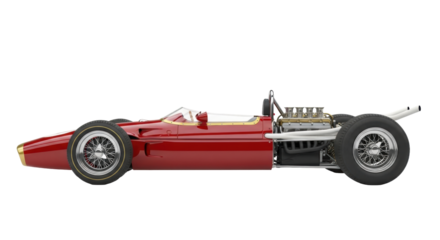 Isolated side view of a classic red racing car from the mid-1960s with exposed engine