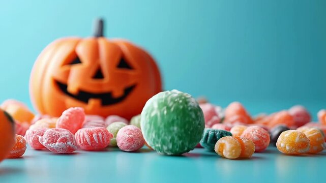 Halloween pumpkin with assorted colorful candy on blue background