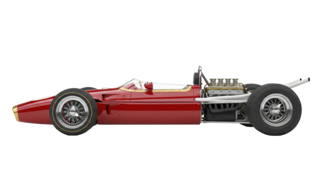 Isolated side view of a classic red racing car from the mid-1960s with exposed engine