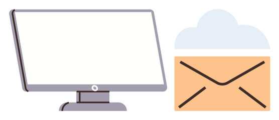 Computer monitor, envelope indicating mail, and cloud symbolizing cloud storage and communication. Ideal for technology, email, cloud computing, digital storage, online communication, networking