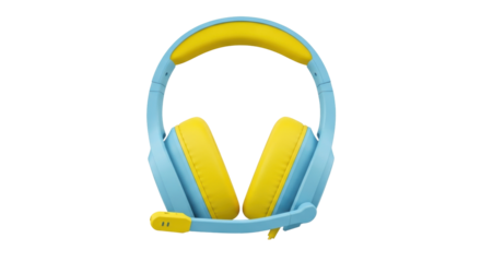Isolated light-blue and yellow on-ear headphones with attached microphone for kids, teens