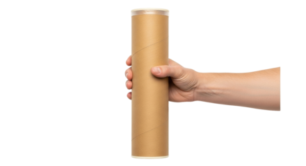 Isolated hand holds a brown tube for poster shipping against a neutral backdrop