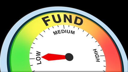 Fund low, text, word level concept illustration with barometer or tachometer meter on black background. Suitable for limited funds, low budget, and minimal financial resources visuals