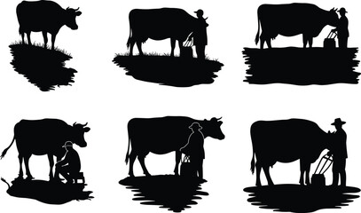 Cow milking silhouette, traditional dairy farming, rural agriculture scene, farmer with bucket, livestock care, black vector illustration, countryside lifestyle, editable graphic