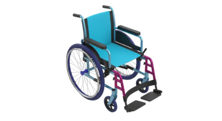Isolated turquoise and purple wheelchair, mobility aid for people with disabilities