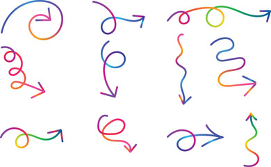 Obraz premium A diverse collection of whimsical hand drawn arrows with vibrant multicolored gradients showcasing various curved spiral and wavy paths
