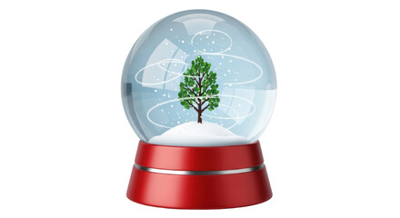 Isolated snow globe with green tree and snowfall swirls for winter or Christmas decor
