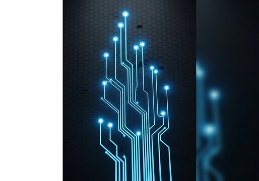 Abstract glowing blue circuit board lines and nodes on a dark textured background, representing technology, data, and connectivity in a futuristic digital network