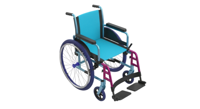 Isolated turquoise and purple wheelchair, mobility aid for people with disabilities