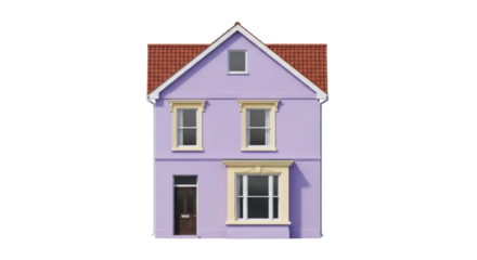 Isolated two-story house front view, quaint property with reddish-brown roof and purple siding