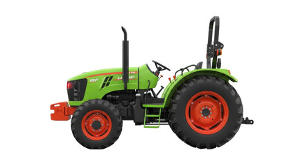 Isolated Green Tractor Side View, Farm Machinery for Agriculture and Landscaping Work