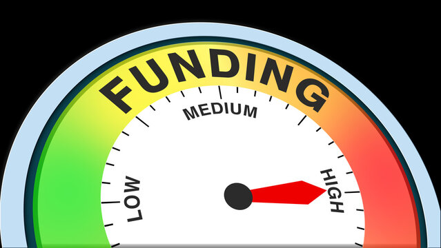 Funding high, text, word level concept illustration with barometer or tachometer meter on black background. Ideal for abundant financial support, strong resources, and high budget visuals
