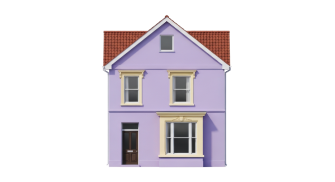 Isolated two-story house front view, quaint property with reddish-brown roof and purple siding