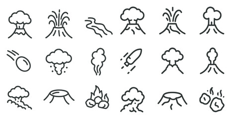 Naklejka premium Volcano and eruption icons set – outline, line, geological and seismic symbols