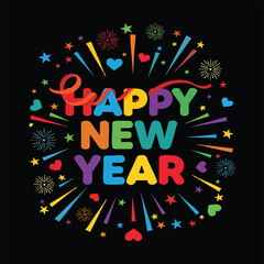 Explosive celebration happy new year text with colorful fireworks bursting outward vector