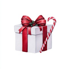 Obraz premium White gift box with red ribbon and holly next to a candy cane isolated on white