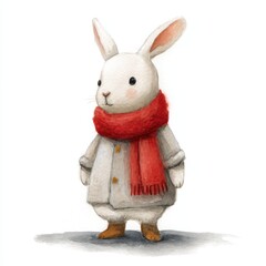 Obraz premium Watercolor illustration of a white rabbit wearing a gray coat red scarf and brown boots