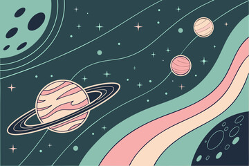 Vector illustration of colorful cartoon fantasy planets, galaxy background, space rocket, stars, and cosmic space elements.