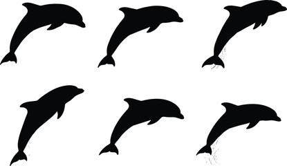 Dolphin silhouette vector set, dynamic marine animal poses, jumping and swimming motion, black dolphin icons with splash effects for ocean wildlife design