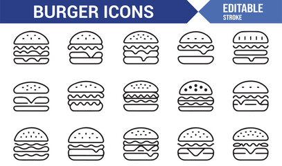 Creative line burger icons for branding, cafe, and culinary graphics
