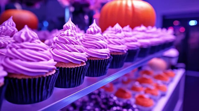Row of purple frosted cupcakes in vibrant indoor setting with pumpkin decoration. Halloween, All Hallows Eve, Samhain - Spooky Holiday Season, Fall Festival Celebration