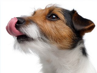 Playful Jack Russell Terrier Licking Nose with Curious Expression on White