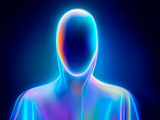 Abstract Neon Figure with Glowing Rainbow Outline on Dark Blue Background
