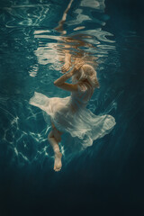 Woman with blonde hair in a lace white dress underwater