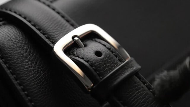 Close-up of a stylish black leather strap with a polished silver metal buckle and stitching