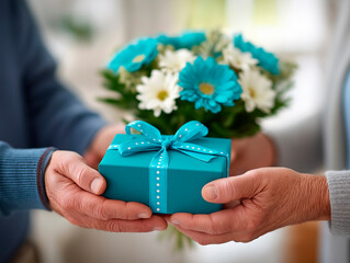 Close-up of loving hands exchanging a turquoise gift box with flowers blurred in the background.