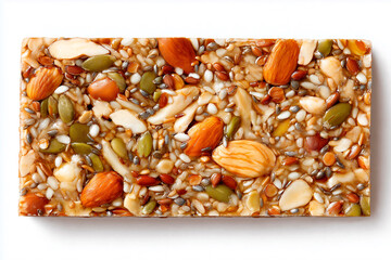 Highly realistic, top-down flat lay of a delicious, healthy granola bar with seeds and nuts.
