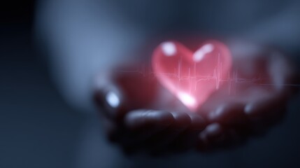 A person's hands holding a glowing, holographic heart, concept of digital health or cardiology.