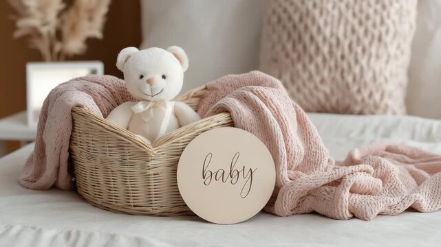 Teddy bear in wicker basket with soft blanket and wooden signs with "Baby" text on it for baby shower party	