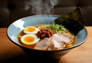Japanese Ramen Bowl with Soft-Boiled Egg, Pork, and Noodles in Hot Broth