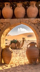 A camel rests behind an archway with pottery, sand dunes in background