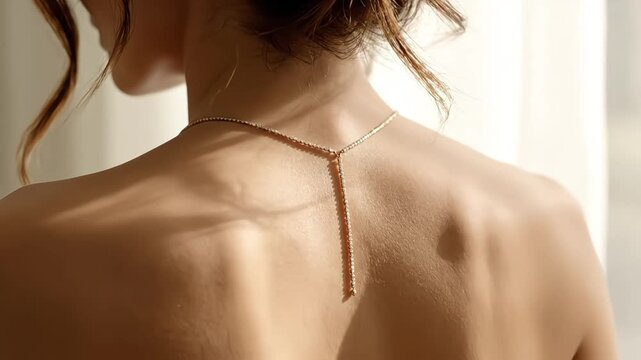 A woman's bare back adorned with a beautiful, delicate diamond lariat necklace.