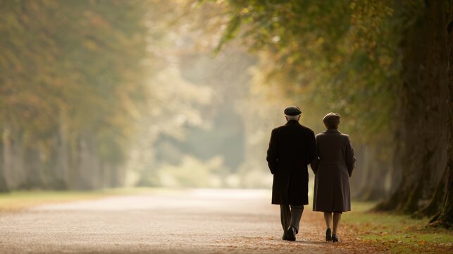 A senior couple going for a happy, leisurely walk in a beautiful park.