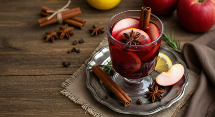 A winter drink with apples, pomegranates, cinnamon sticks, and star anise on a wooden table.