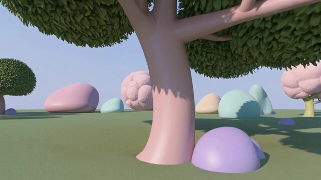 Arbre rose pastel dans un champ color&eacute; de formes arrondies