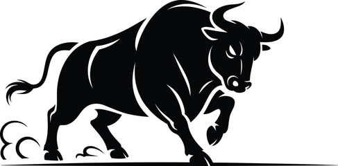 Charging bull silhouette illustration, black and white power symbol, aggressive motion graphic, financial market icon, strength and determination artwork