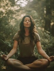 A serene individual practicing meditation outdoors in a tranquil forest clearing at dawn embodying inner peace and balance