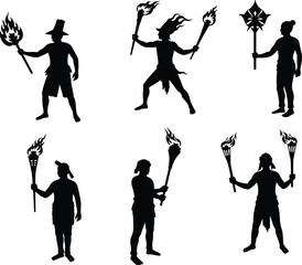 Torchbearer silhouettes, dynamic poses, flame torch characters, cultural costume figures, black vector illustration for tradition, ceremony, storytelling, design, fantasy, and symbolic themesv