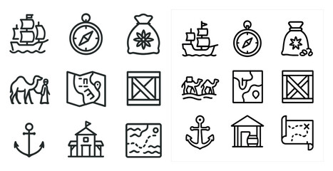 Fototapeta premium Adventure and navigation outline icons set – map, compass, voyage symbols