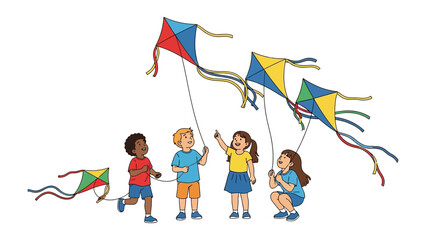 Kites and Joy: A vibrant scene of children, united by the pure joy of flying colorful kites on a bright, sunny day. 