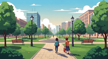 People walking in the park with green trees and buildings in the background, illustration of urban green space and recreation area in the city