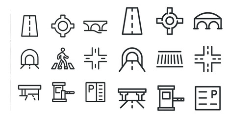 Road and infrastructure line icons set &ndash; outline, linear, traffic and city symbols