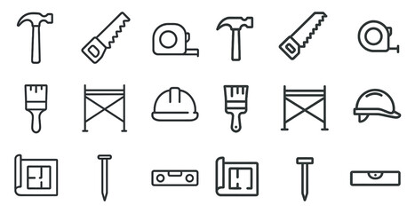 Construction tools outline icons set &ndash; linear, blueprint, building essentials