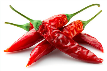Pile of four vibrant red dried chili peppers with green stems isolated on white background.