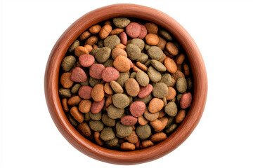 Top view of a terracotta ceramic bowl filled with brown and red dry cat food.
